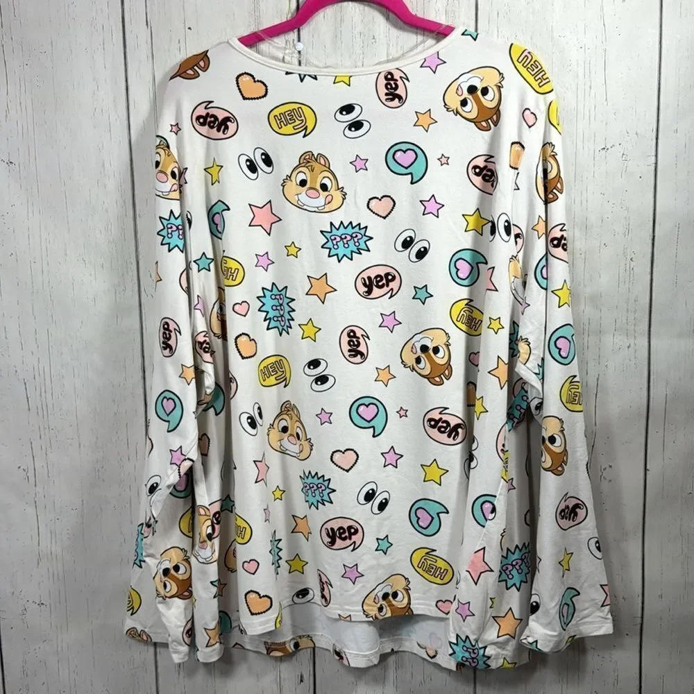 Disney Chip And Dale Graphic Organic Cotton Blend Long Sleeve Pastel Pajama Top